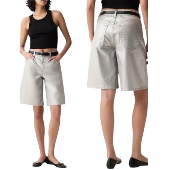Gap Women's 11.5" Mid Rise Metallic Longline Denim Shorts In Silver Size 25 - Picture 1 of 6